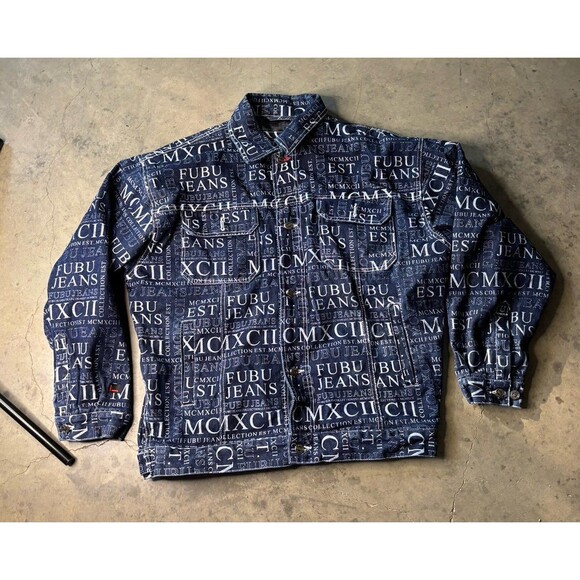 Vintage FUBU Denim Jacket Men Sz L All Over Print MCMXCII Collection Hip Hop - Picture 1 of 10